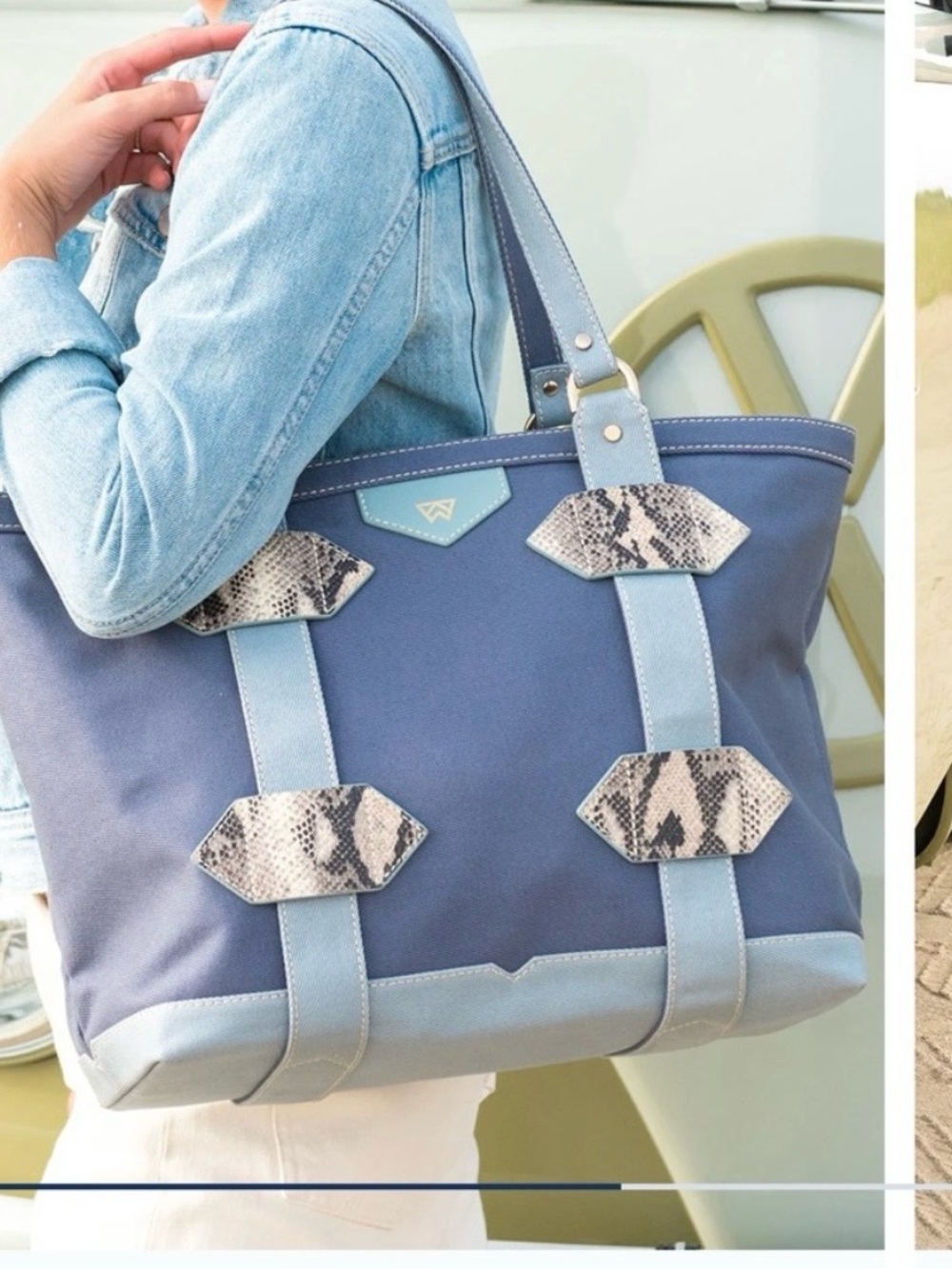 Kelly Wynne XL OUT OF TOWN TOTE Grey Canvas Tote Bag with Snake-Accent Trim